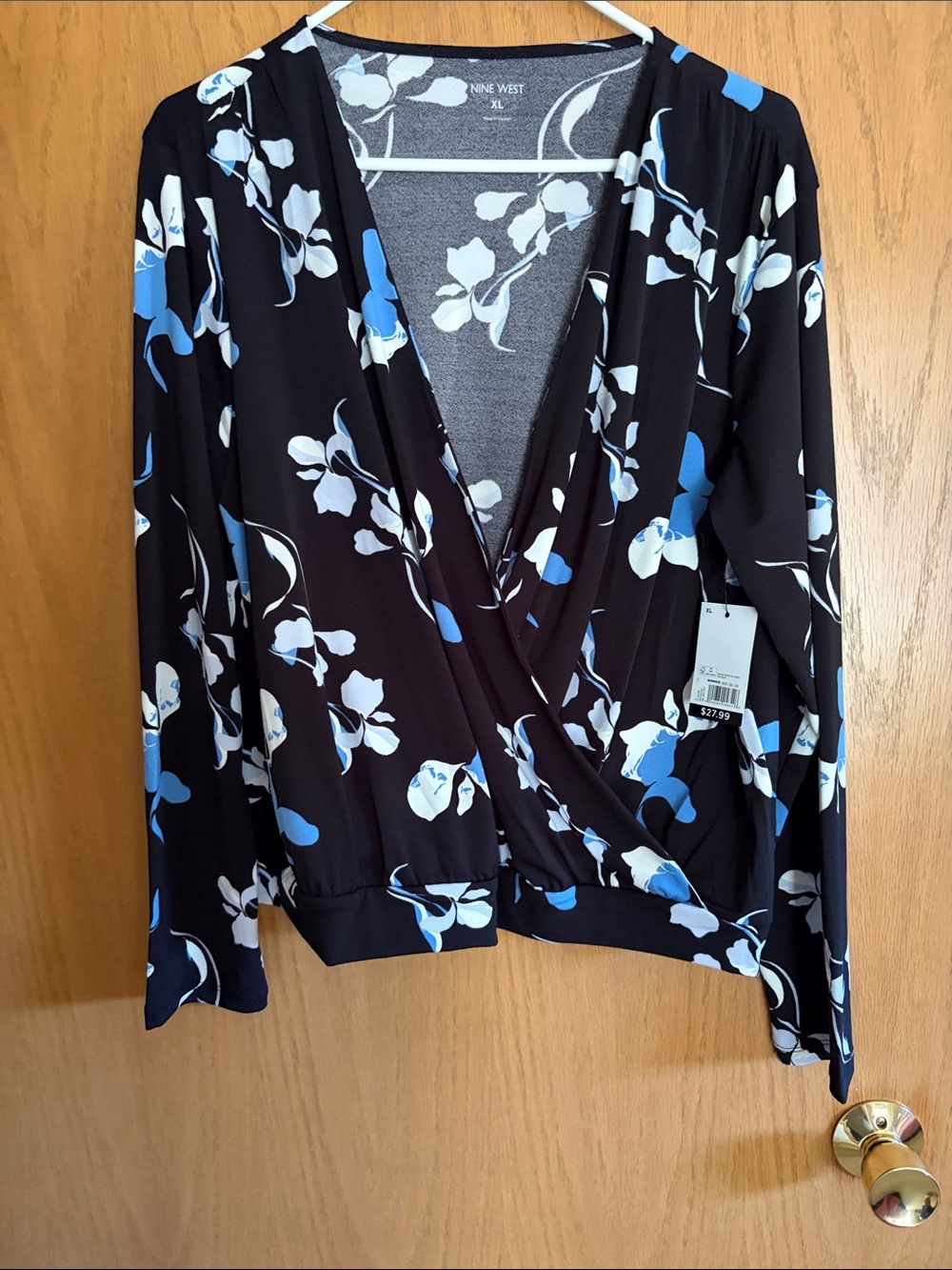 Nine West Black Floral Wrap-Front Top with Blue & White Blooms